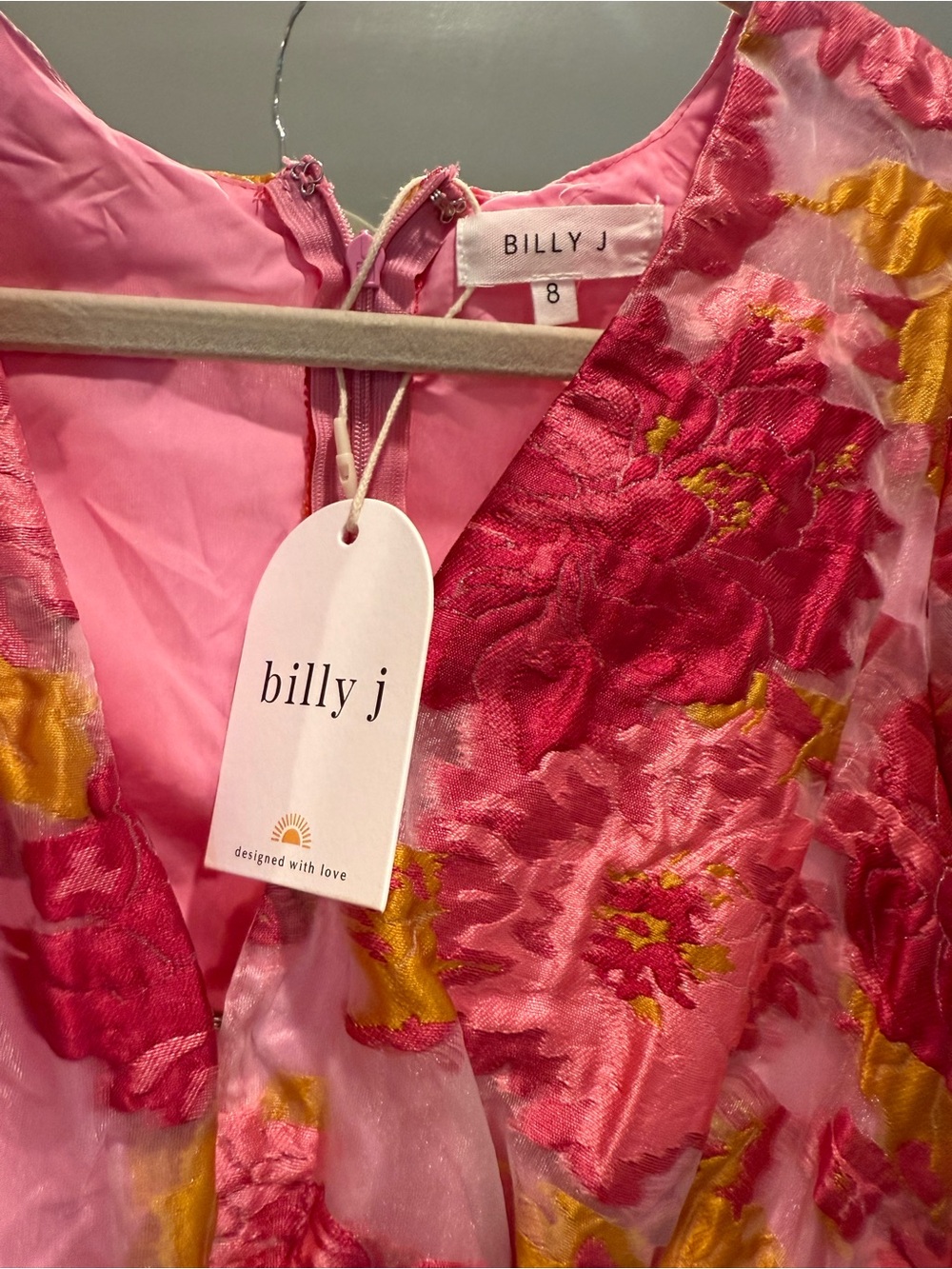 Bright Pink Floral Mini Dress with Puff Sleeves - Picture 3 of 4